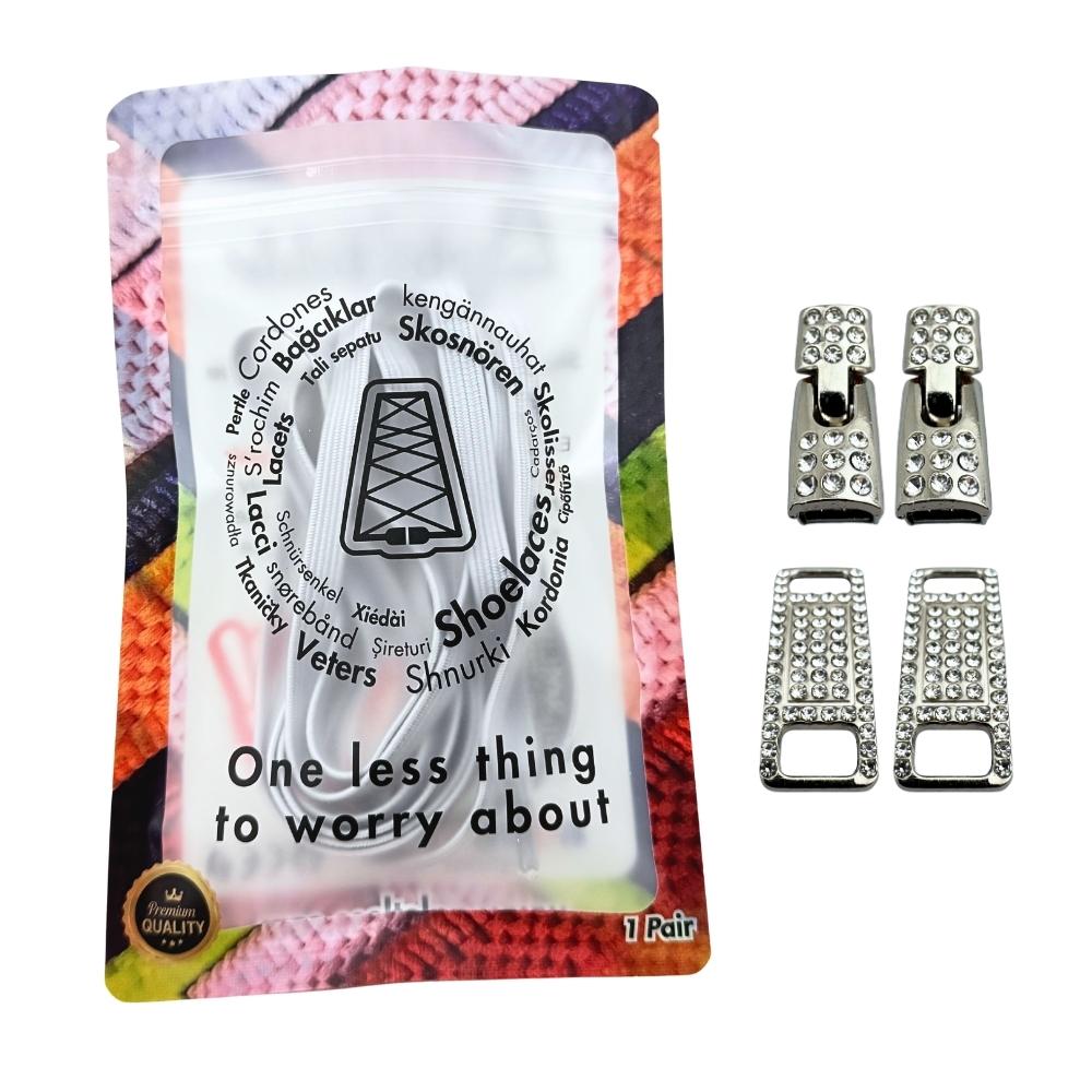 Elastische veters zonder strikken bling bling 6mm haak zilveren sluiting wit in luxe verpakking