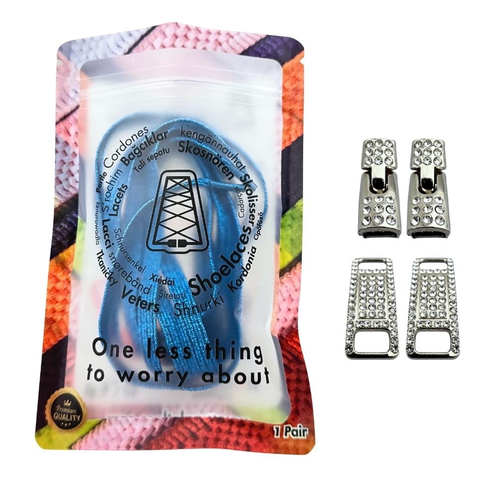 Elastische veters zonder strikken bling bling 6mm haak zilveren sluiting blauw in luxe verpakking