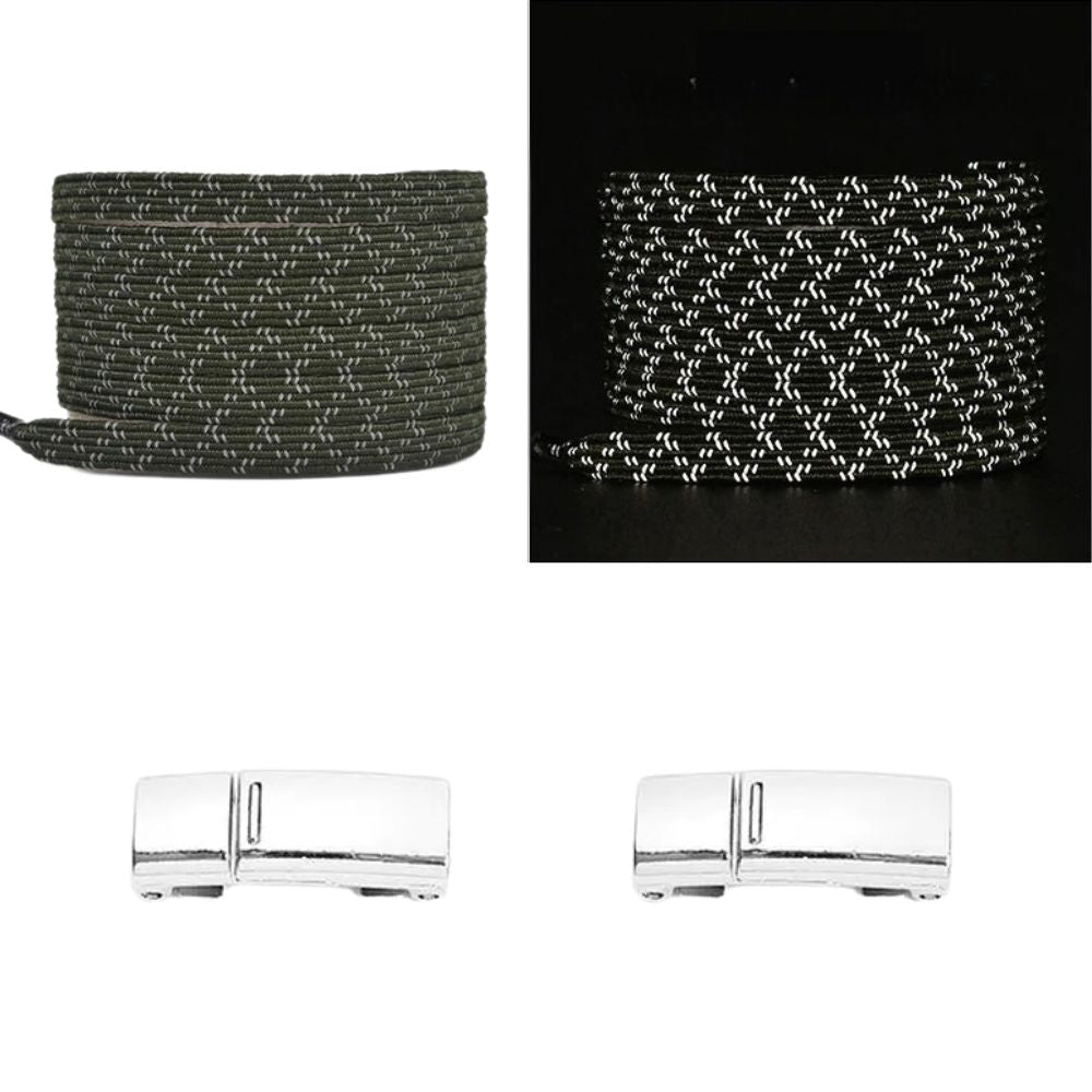Elastische veters mosgroen reflecterend plat met magneetsluiting voor sportieve outdoor schoenen