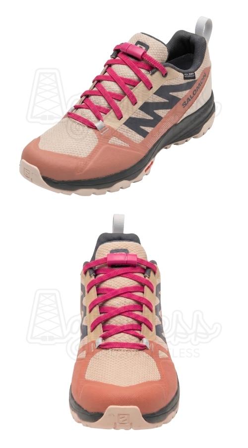 Beige wandelschoenen met fuchsia elastische veters, plat 6mm magneet