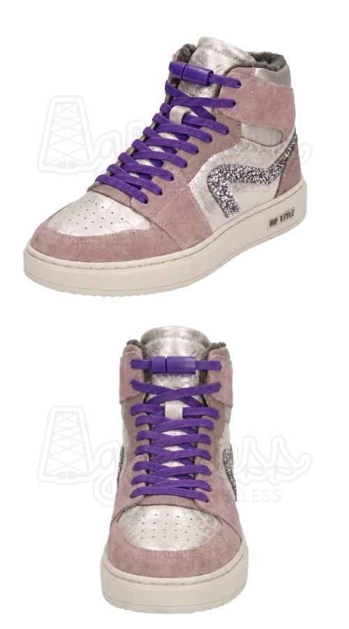 Roze kinderschoenen met paarse elastische veters, plat 6mm met magneet sluiting