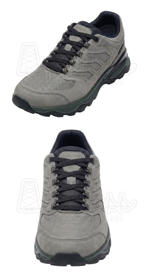 Grijze wandelschoenen met zwarte elastische platte veters (9mm) en clipjes