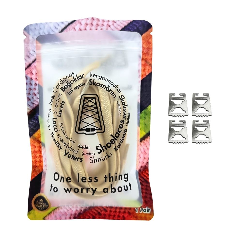 Elastische veters onzichtbaar strikken plat 8mm onzichtbare clipjes beige in luxe verpakking