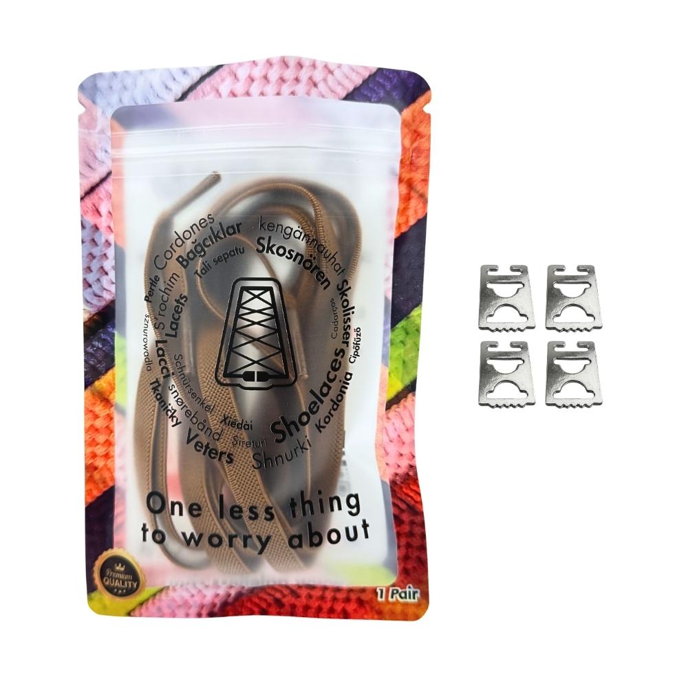 Elastische veters onzichtbaar strikken plat 9mm onzichtbare clipjes bruin in luxe verpakking