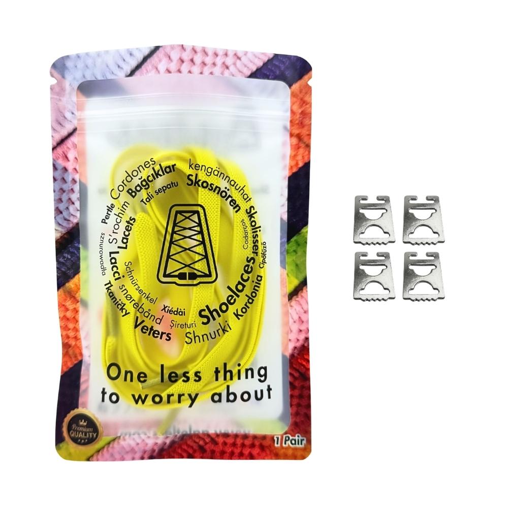 Elastische veters onzichtbaar strikken plat 9mm onzichtbare clipjes geel in luxe verpakking