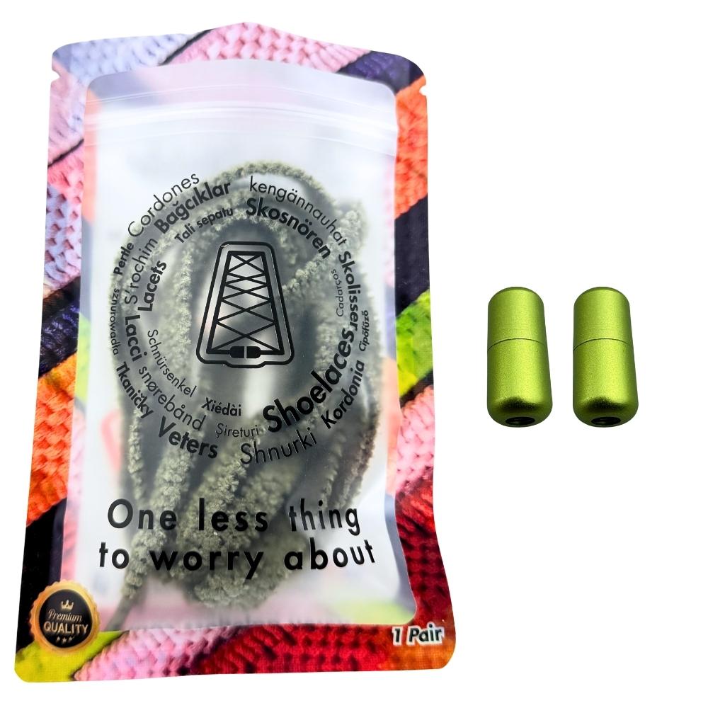 Elastische veters zonder strikken fluffy 7mm capsule sluiting mosgroen in luxe verpakking