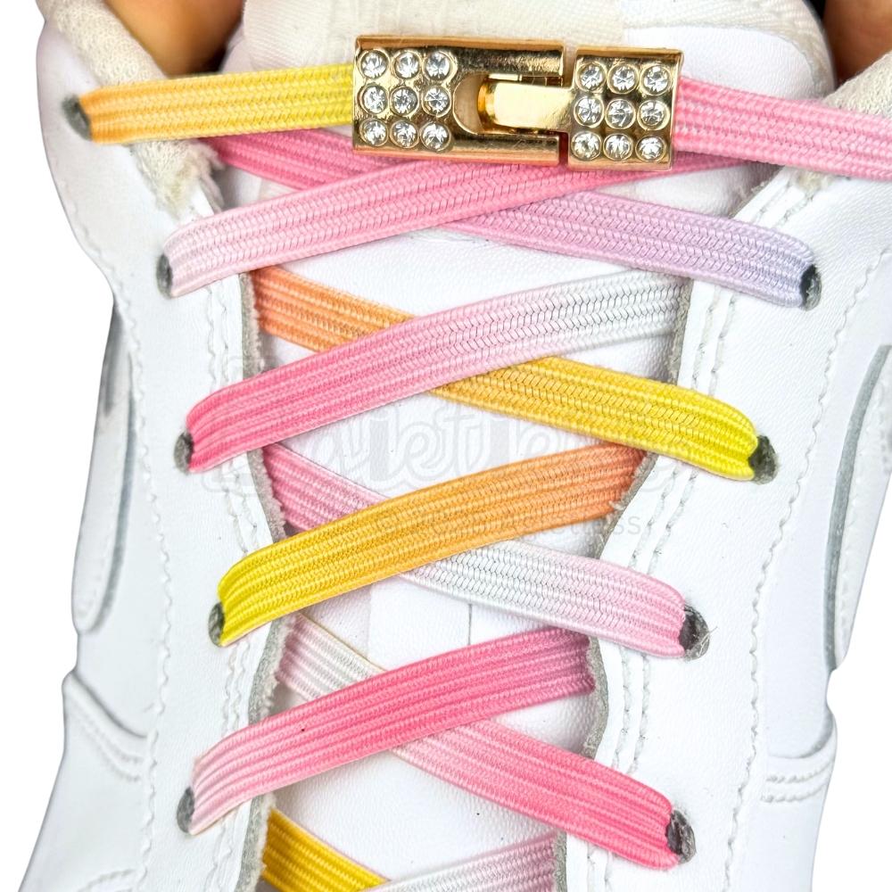 Elastische veters zonder strikken bling bling 6mm haak sluiting roze regenboog met stretch uitgerekt