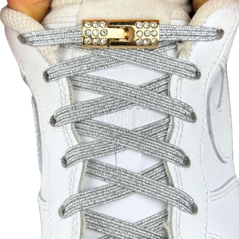 Elastische veters zonder strikken bling bling 6mm haak sluiting zilver met stretch uitgerekt