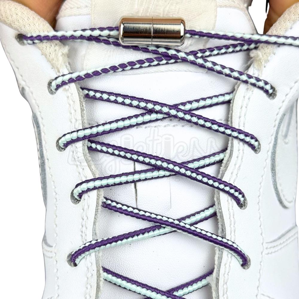 Elastische veters zonder strikken driehoek 3mm capsule sluiting blauw groen paars met stretch uitgerekt