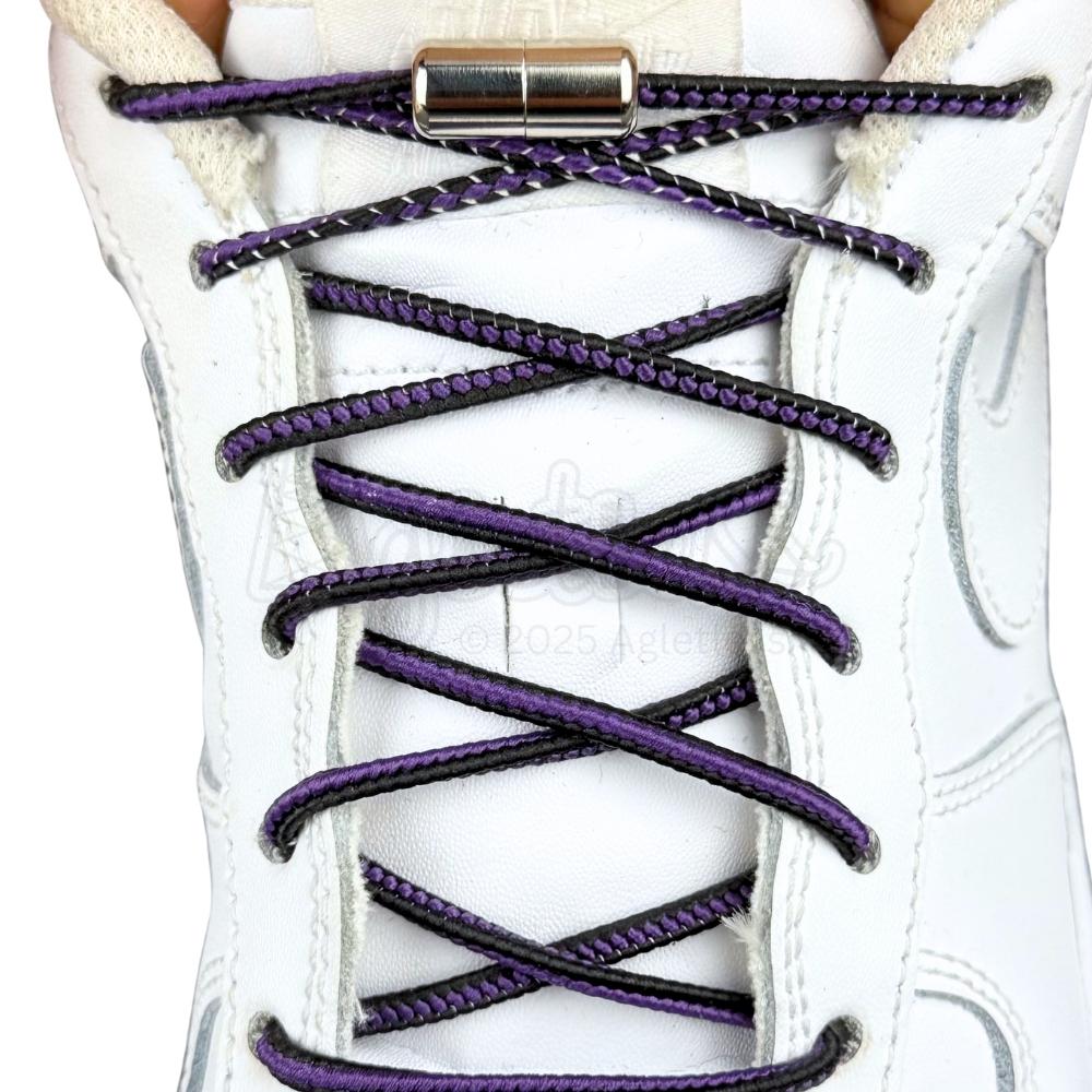 Elastische veters zonder strikken driehoek 3mm capsule sluiting zwart paars met stretch uitgerekt