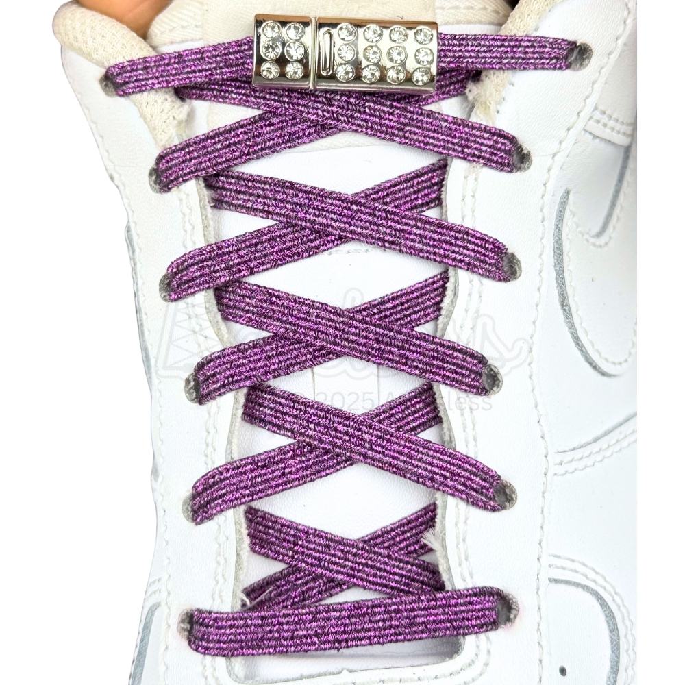 Elastische veters zonder strikken glitter 6mm bling magnetische sluiting paars met stretch uitgerekt