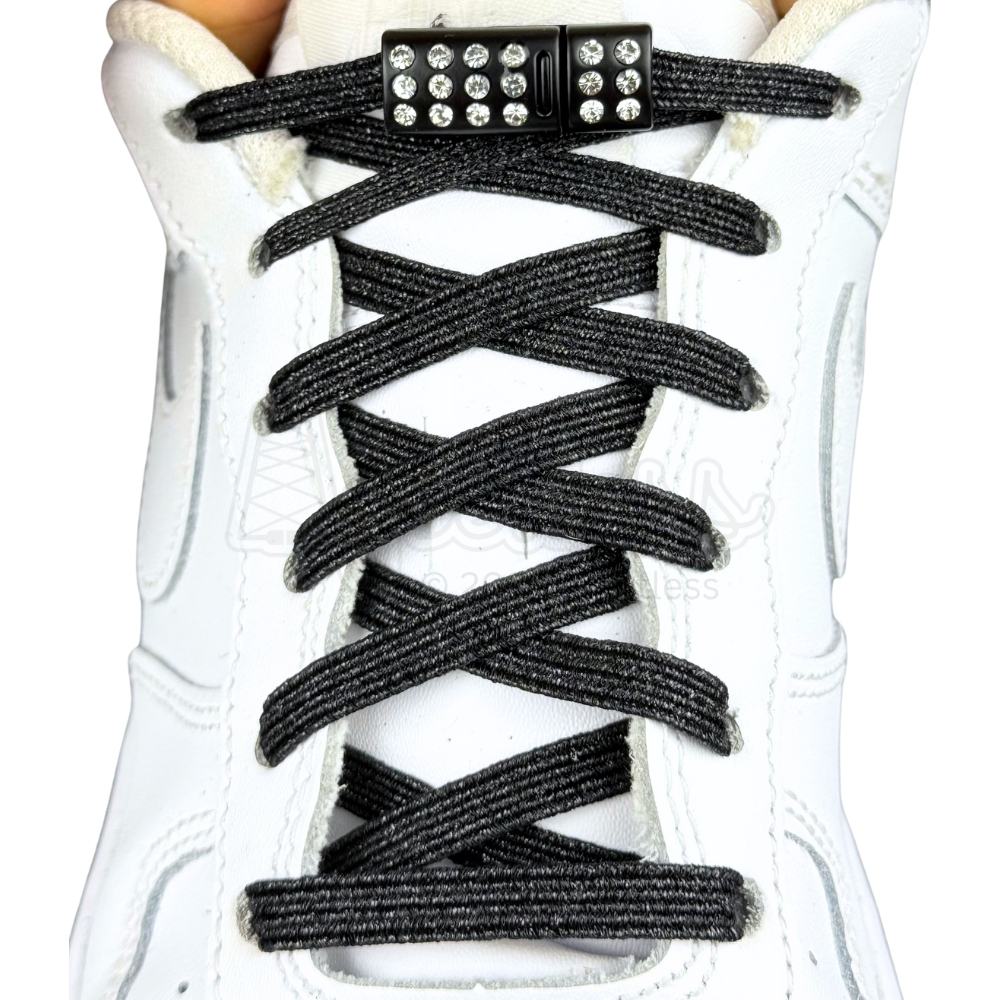 Elastische veters zonder strikken glitter 6mm bling magnetische sluiting zwart met stretch uitgerekt