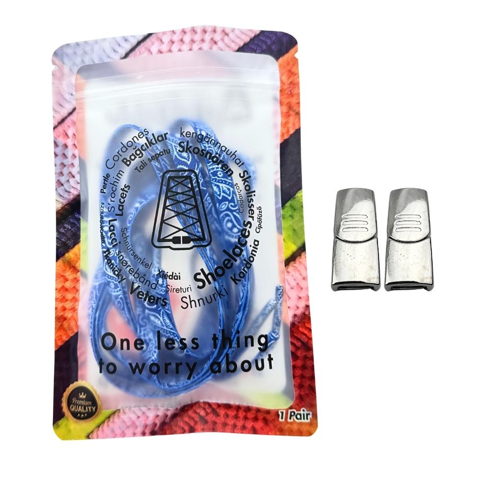 Elastische veters zonder strikken paisley 9mm magnetische sluiting blauw wit in luxe verpakking