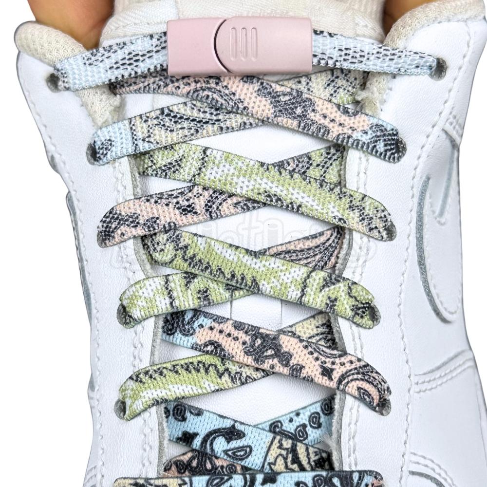 Elastische veters zonder strikken paisley 9mm magnetische sluiting roze blauw groen met stretch uitgerekt