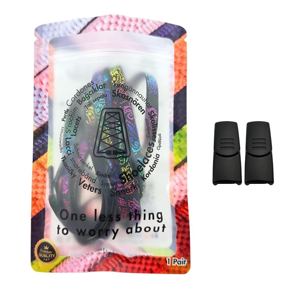 Elastische veters zonder strikken paisley 9mm magnetische sluiting zwart kleurig in luxe verpakking