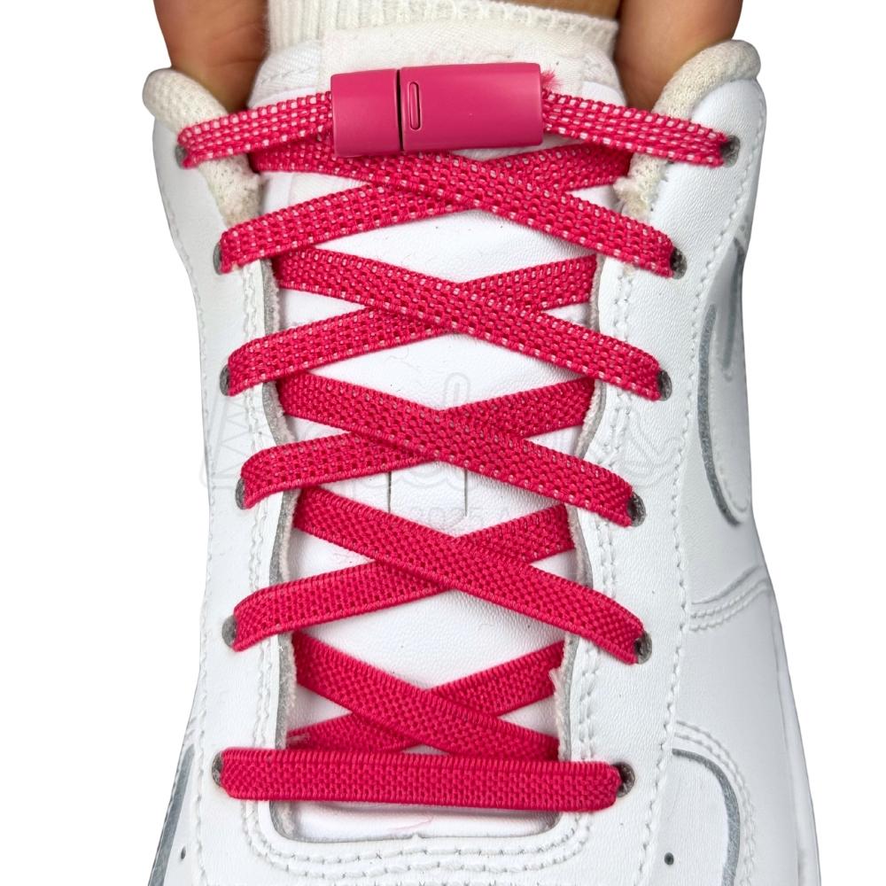 Elastische veters zonder strikken plat 6mm magnetische sluiting rozenrood met stretch uitgerekt