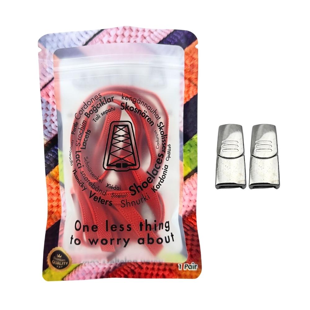 Elastische veters zonder strikken plat 9mm magnetische sluiting rood in luxe verpakking