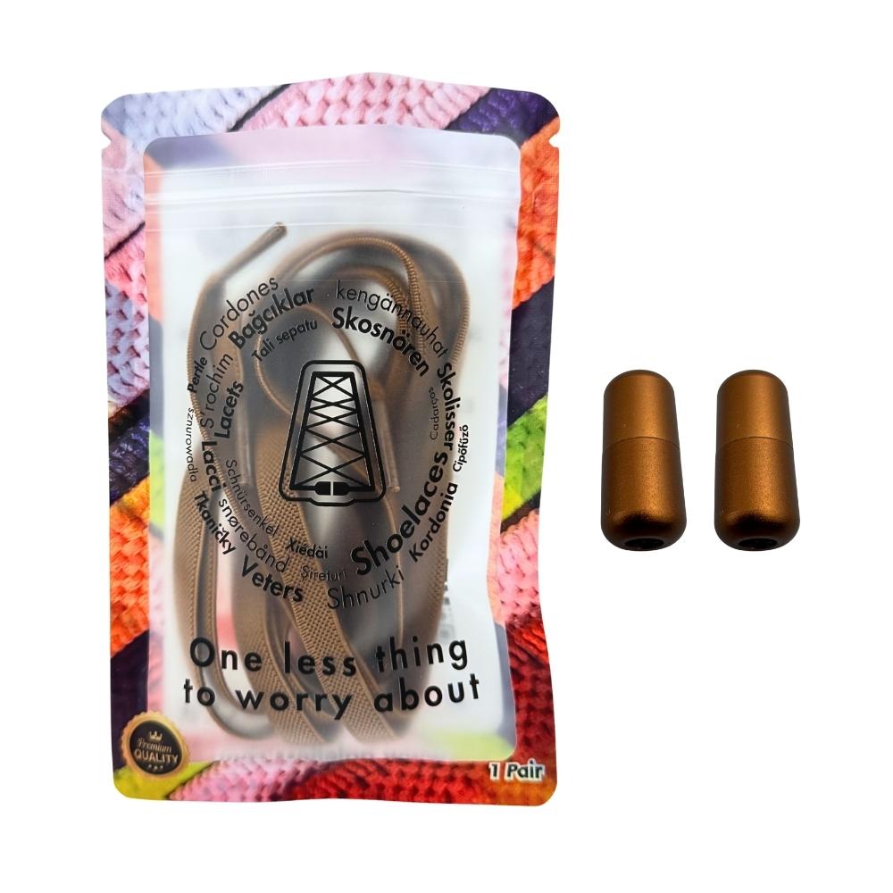 Elastische veters zonder strikken plat 9mm metalen draai capsule bruin in luxe verpakking
