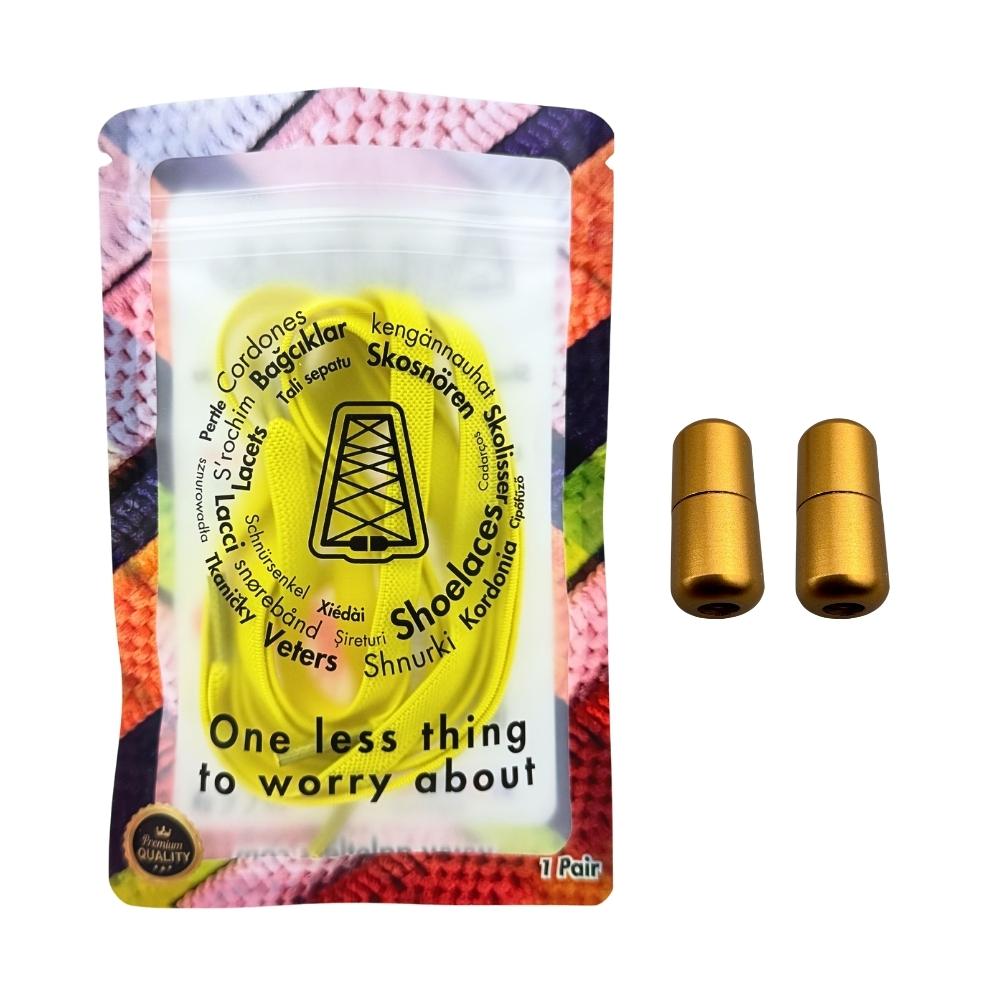 Elastische veters zonder strikken plat 9mm metalen draai capsule geel in luxe verpakking