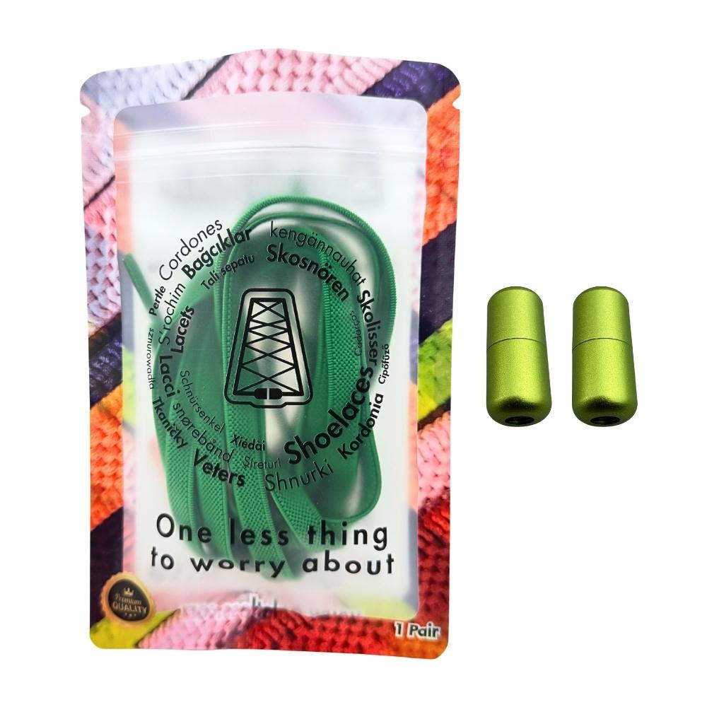 Elastische veters zonder strikken plat 9mm metalen draai capsule groen in luxe verpakking