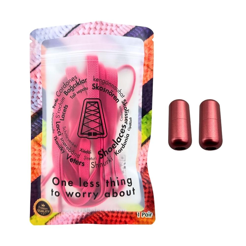 Elastische veters zonder strikken plat 9mm metalen draai capsule rozenrood in luxe verpakking