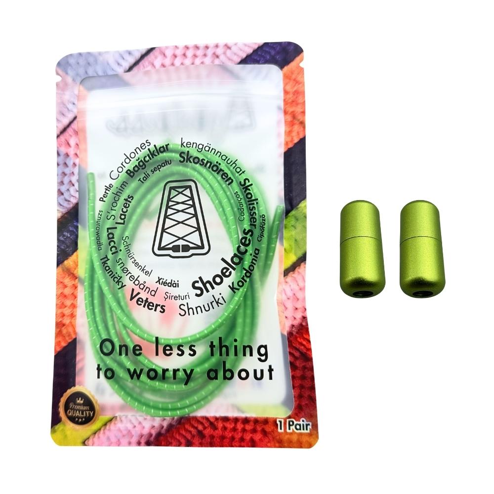 Elastische veters zonder strikken reflecterend 3mm capsule sluiting appelgroen in luxe verpakking