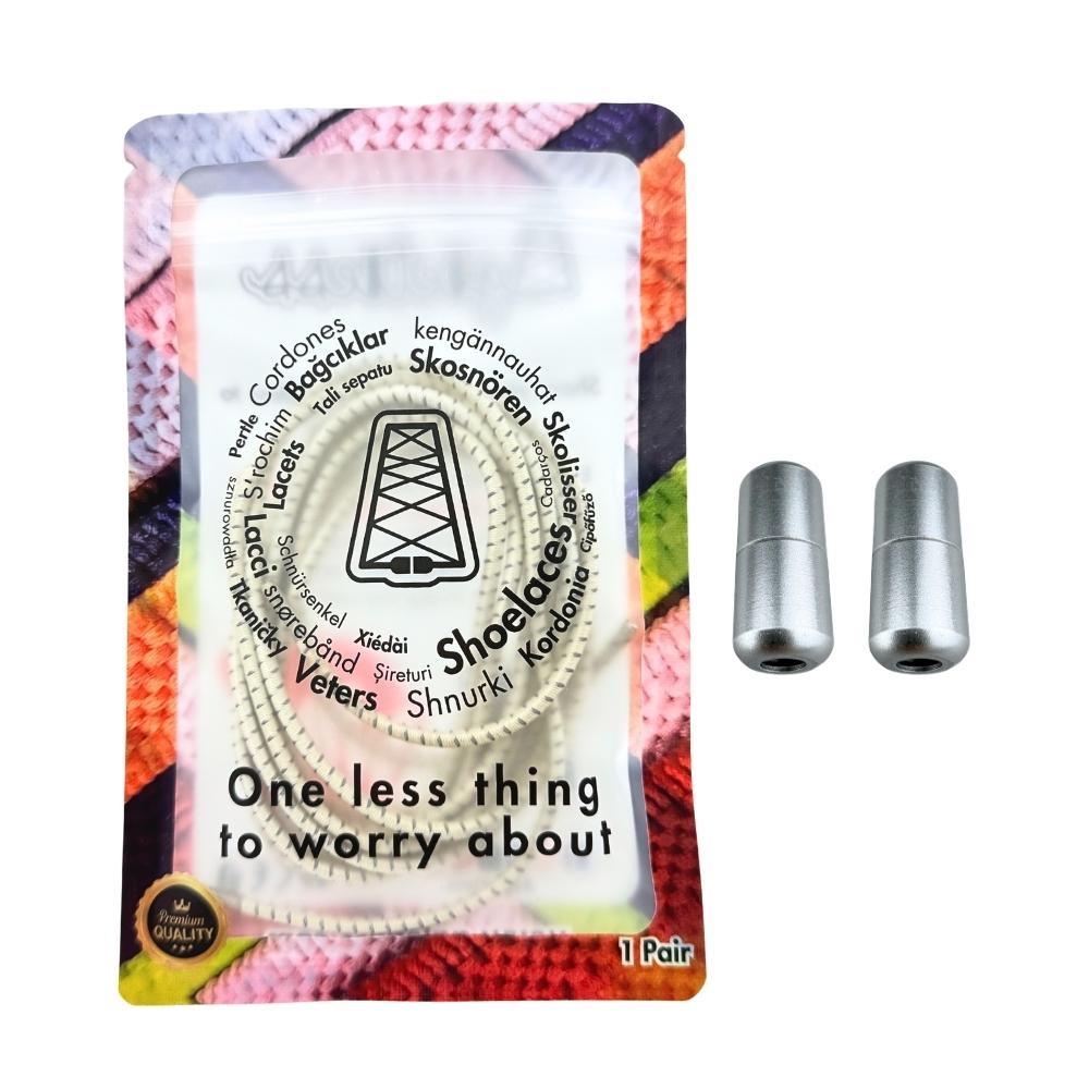 Elastische veters zonder strikken reflecterend 3mm capsule sluiting beige in luxe verpakking