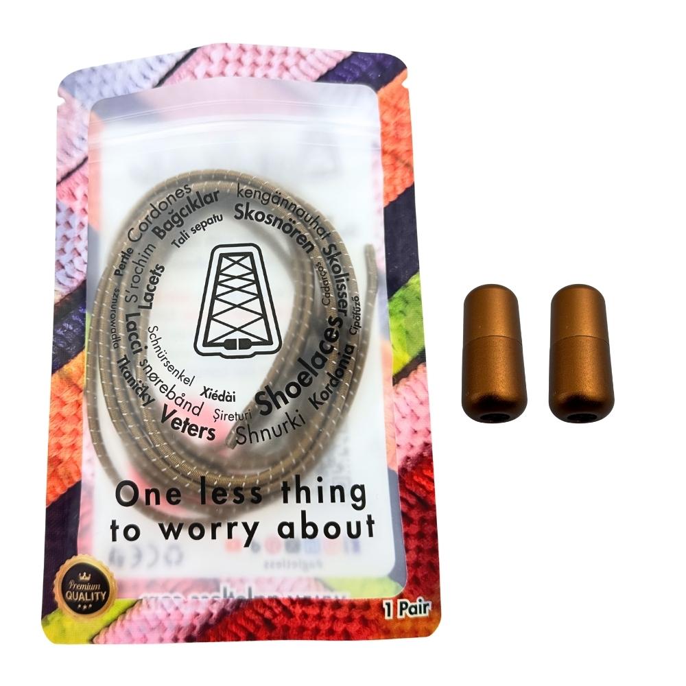 Elastische veters zonder strikken reflecterend 3mm capsule sluiting bruin in luxe verpakking