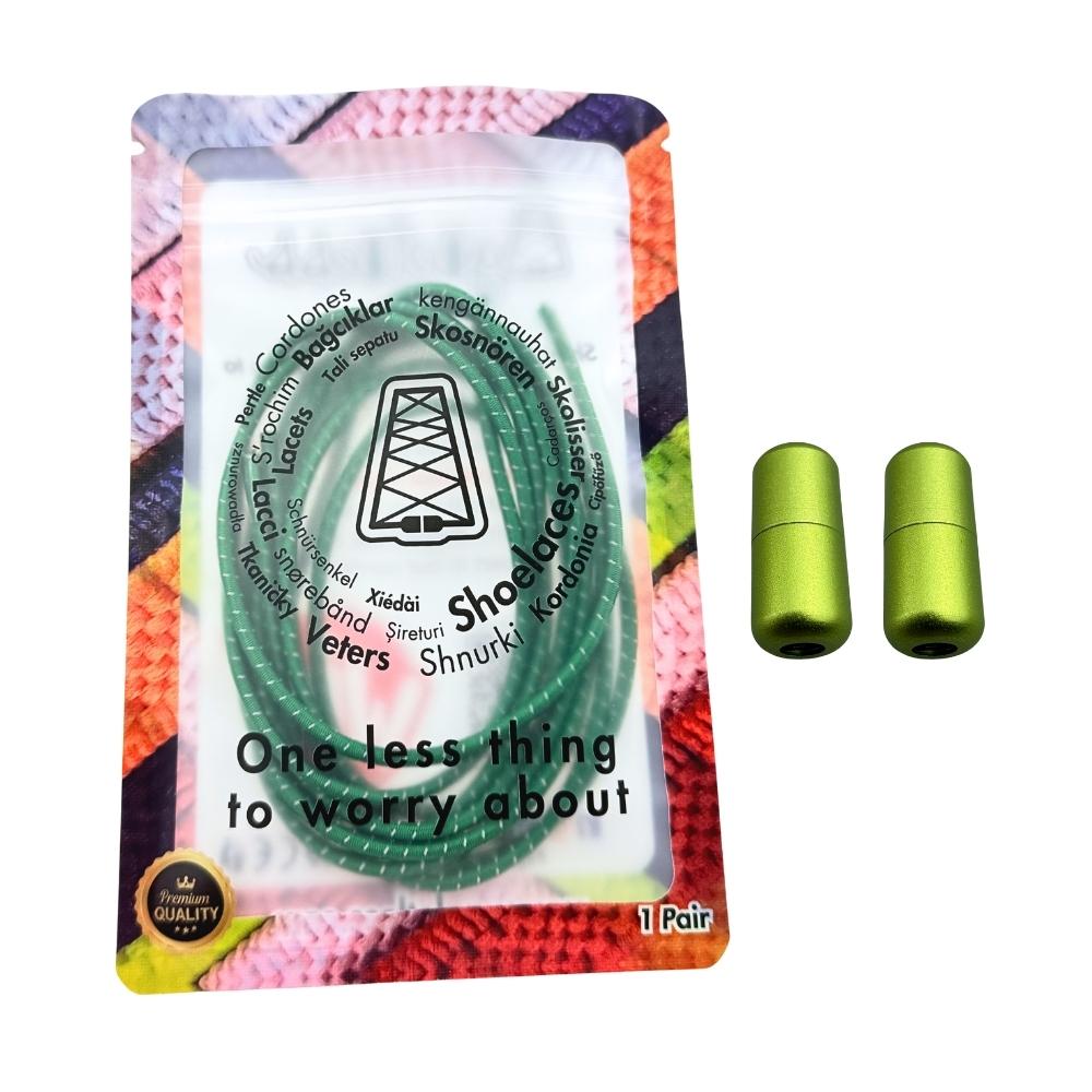 Elastische veters zonder strikken reflecterend 3mm capsule sluiting groen in luxe verpakking