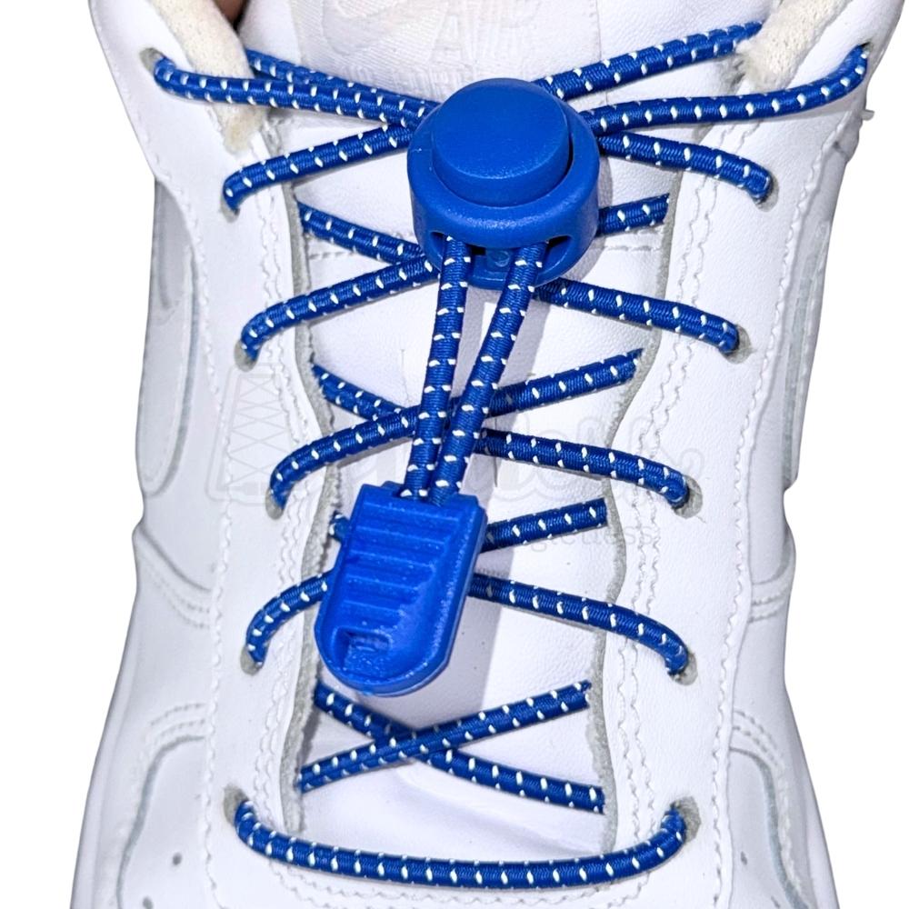 Elastische veters zonder strikken reflecterend 3mm lock sluiting blauw met stretch uitgerekt