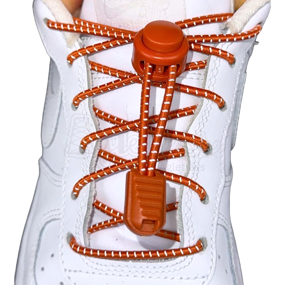 Elastische veters zonder strikken reflecterend 3mm lock sluiting bronze met stretch uitgerekt