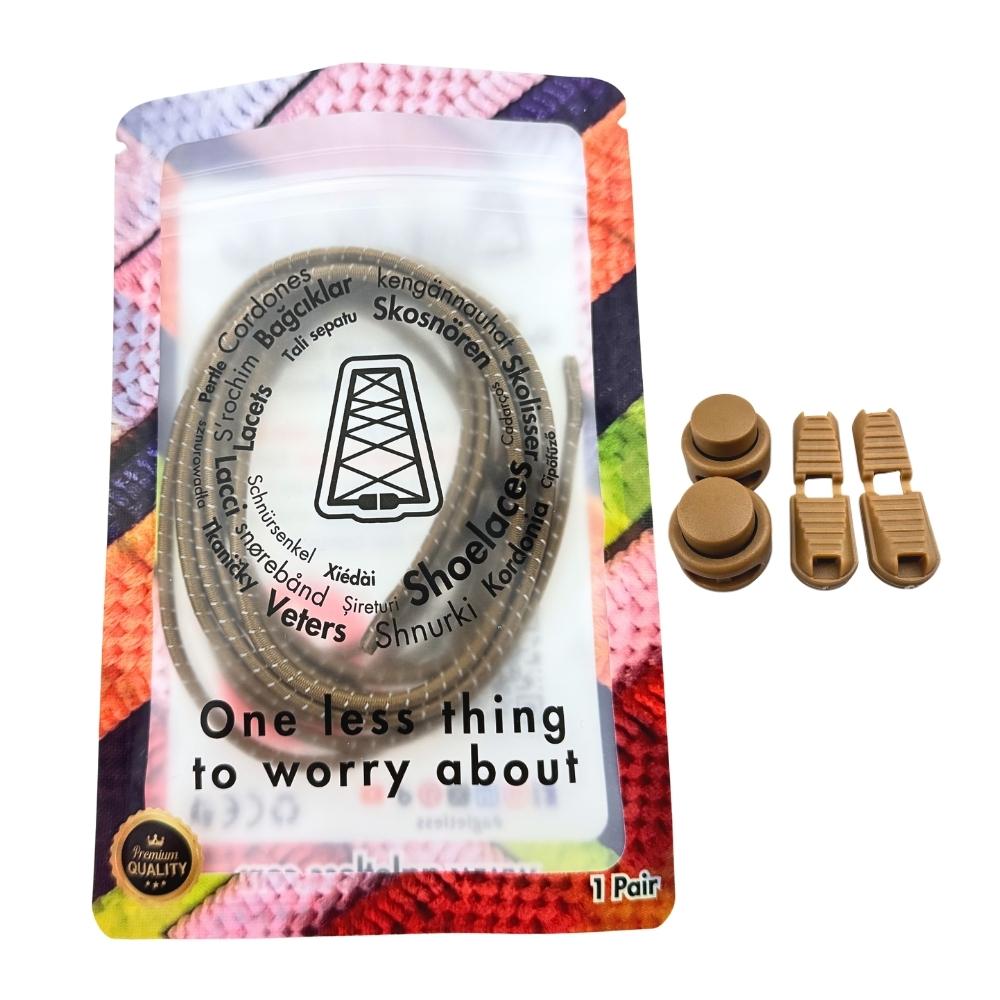 Elastische veters zonder strikken reflecterend 3mm lock sluiting bruin in luxe verpakking