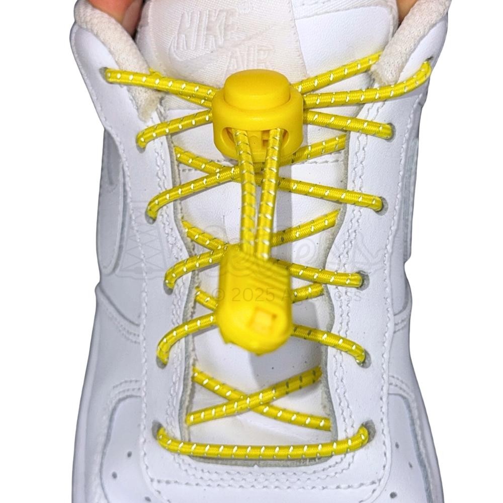 Elastische veters zonder strikken reflecterend 3mm lock sluiting geel met stretch uitgerekt