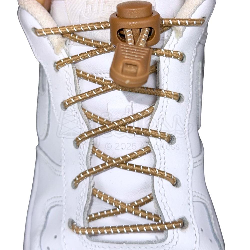 Elastische veters zonder strikken reflecterend 3mm lock sluiting khaki met stretch uitgerekt