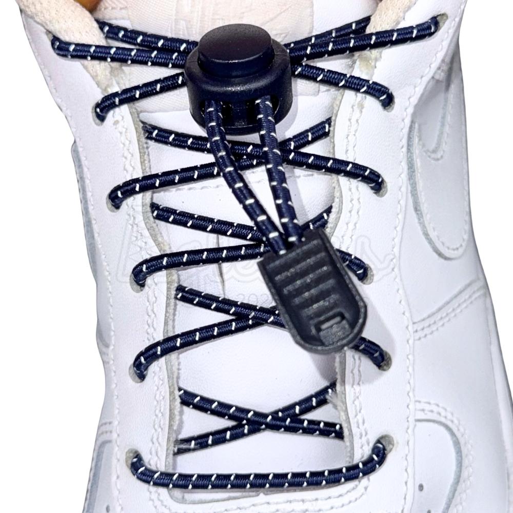 Elastische veters zonder strikken reflecterend 3mm lock sluiting marineblauw met stretch uitgerekt