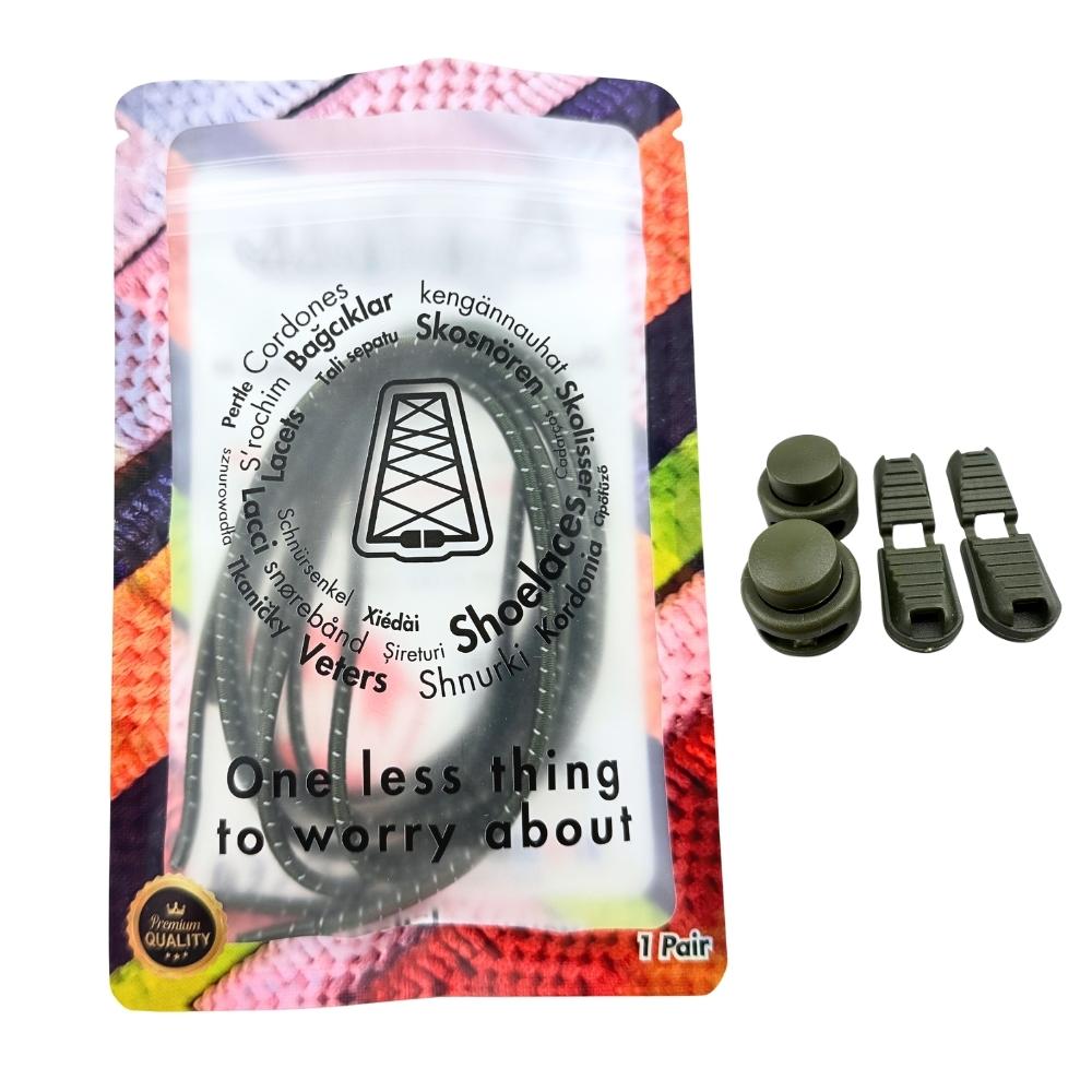 Elastische veters zonder strikken reflecterend 3mm lock sluiting mosgroen in luxe verpakking