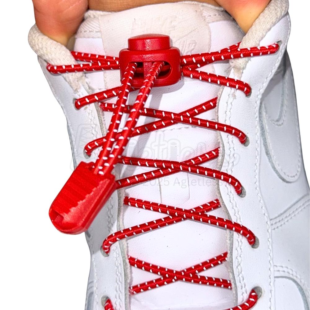 Elastische veters zonder strikken reflecterend 3mm lock sluiting rood met stretch uitgerekt