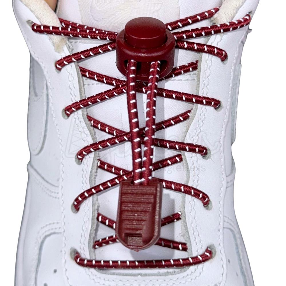 Elastische veters zonder strikken reflecterend 3mm lock sluiting wijnrood met stretch uitgerekt