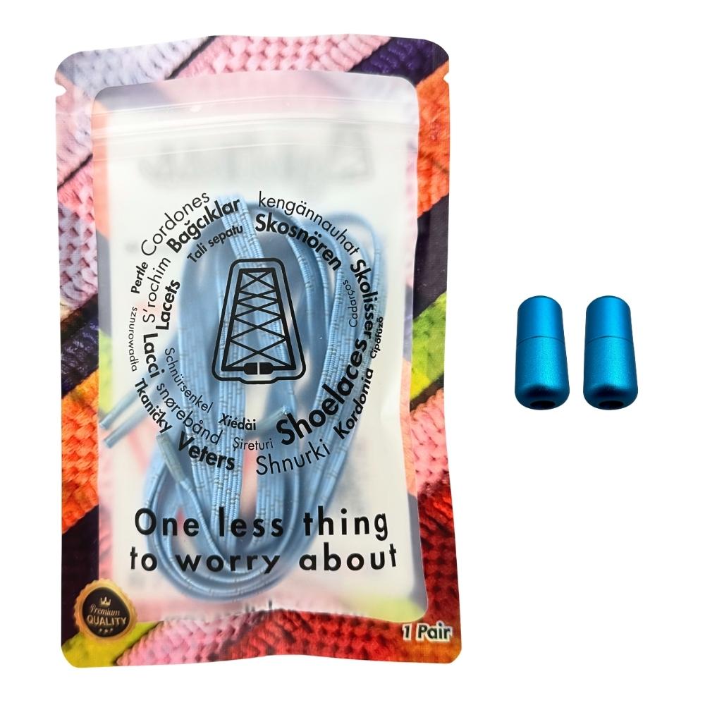 Elastische veters zonder strikken reflecterend 7mm capsule sluiting hemelsblauw in luxe verpakking