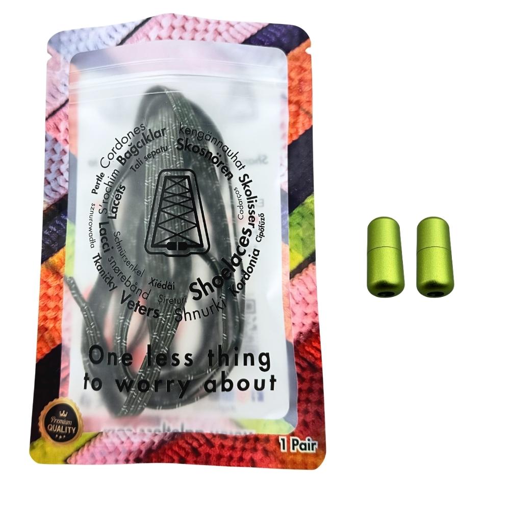 Elastische veters zonder strikken reflecterend 7mm capsule sluiting mosgroen in luxe verpakking