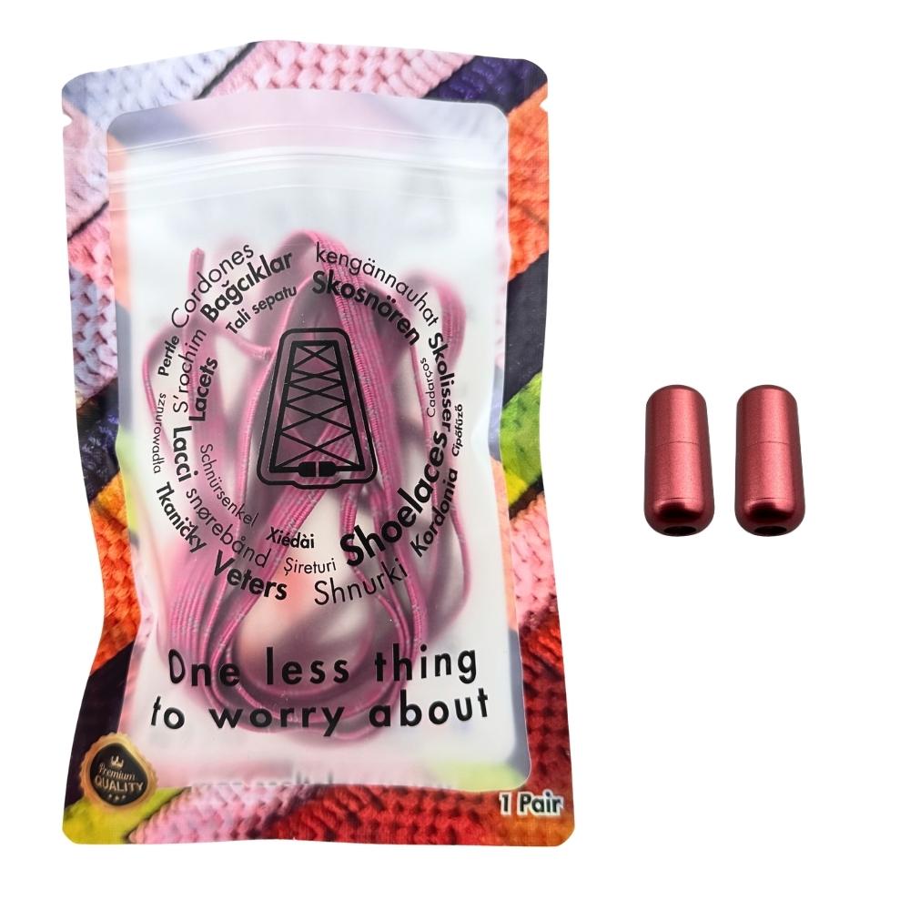 Elastische veters zonder strikken reflecterend 7mm capsule sluiting rozenrood met stretch uitgerekt