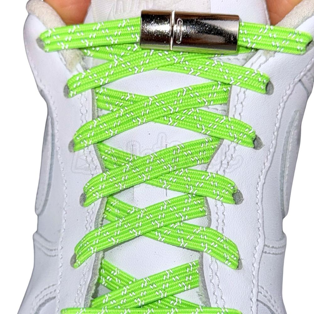 Elastische veters zonder strikken reflecterend 7mm magnetische sluiting fluorescerend groen met stretch uitgerekt