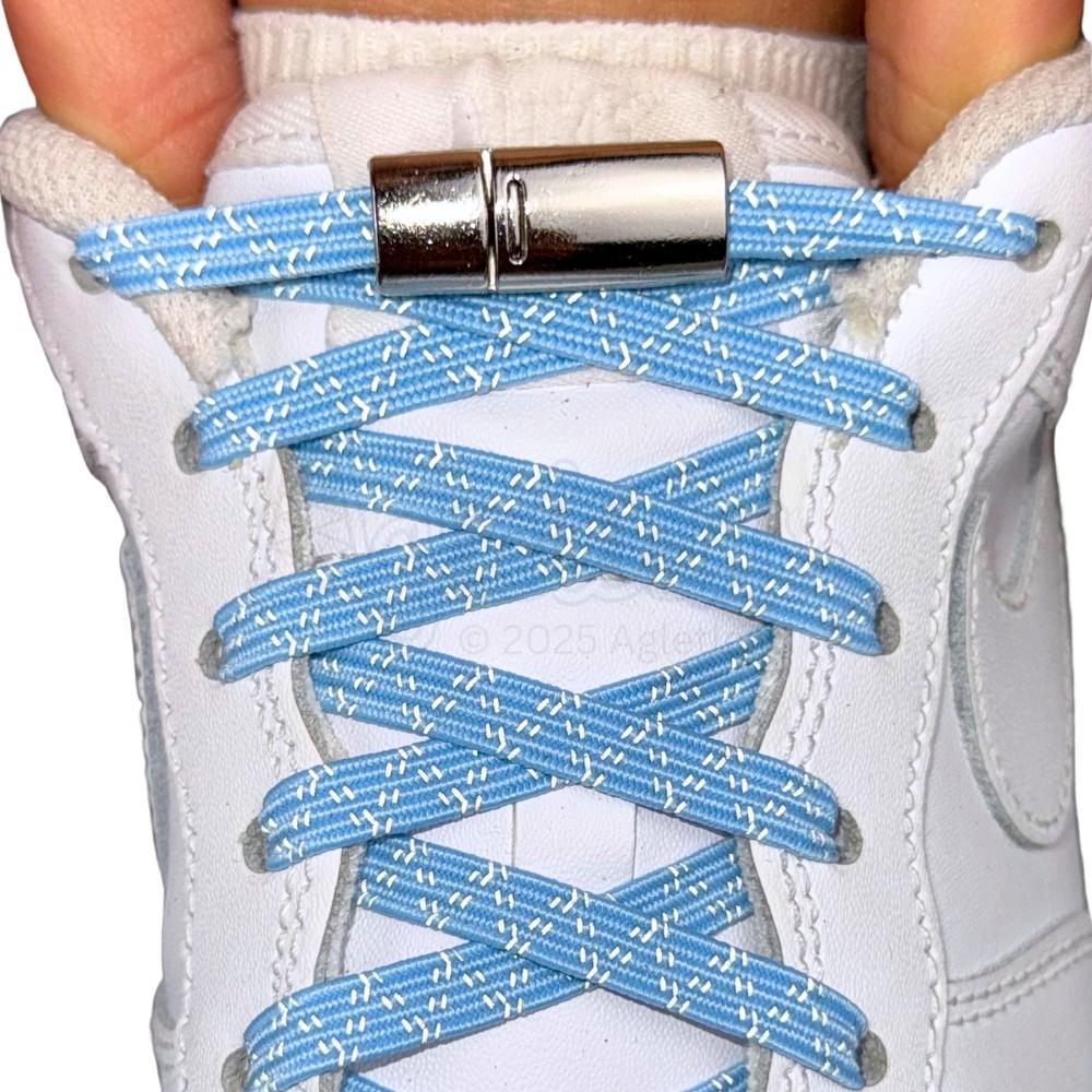 Elastische veters zonder strikken reflecterend 7mm magnetische sluiting hemelsblauw met stretch uitgerekt