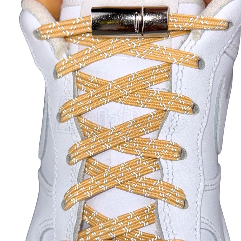 Elastische veters zonder strikken reflecterend 7mm magnetische sluiting khaki met stretch uitgerekt