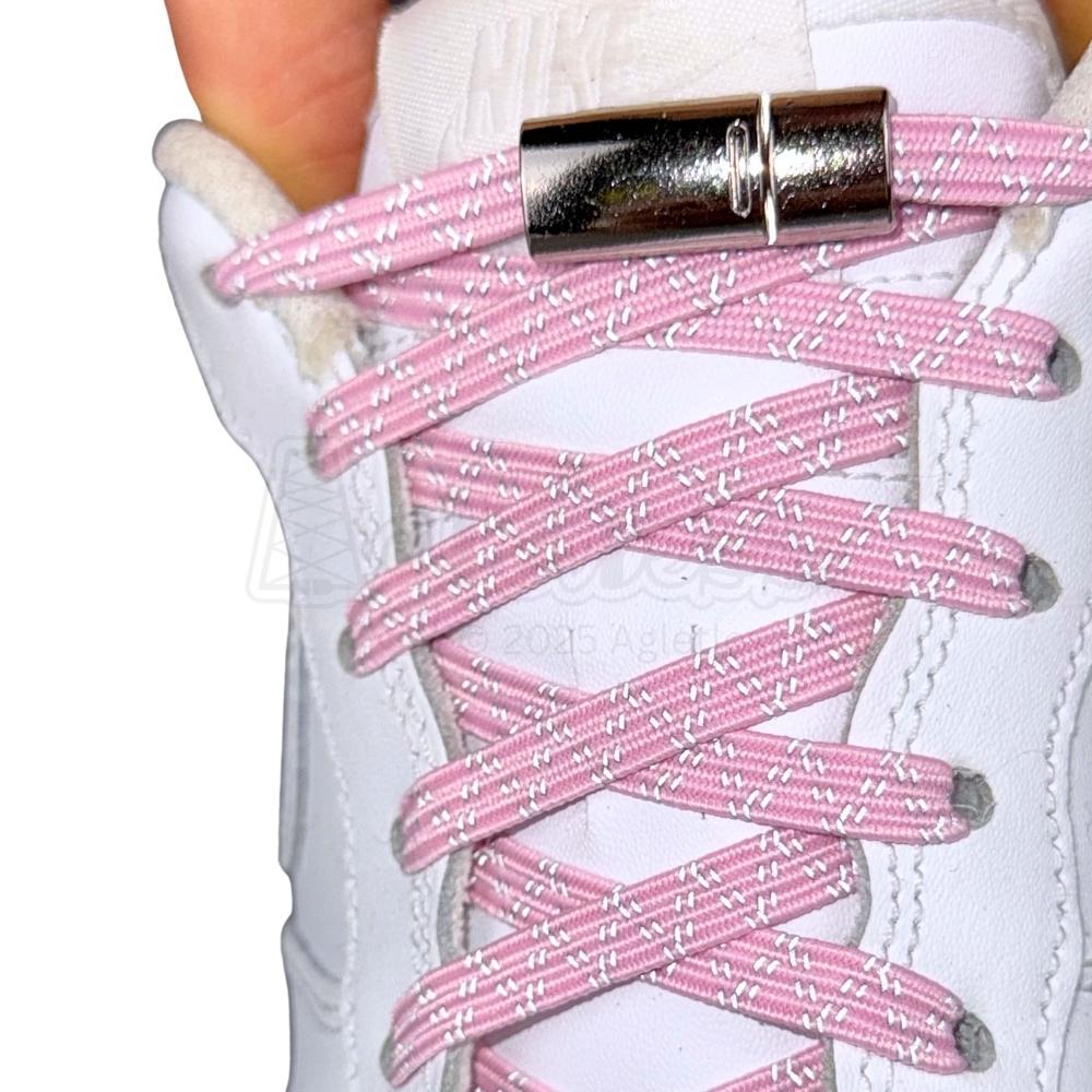 Elastische veters zonder strikken reflecterend 7mm magnetische sluiting roze met stretch uitgerekt