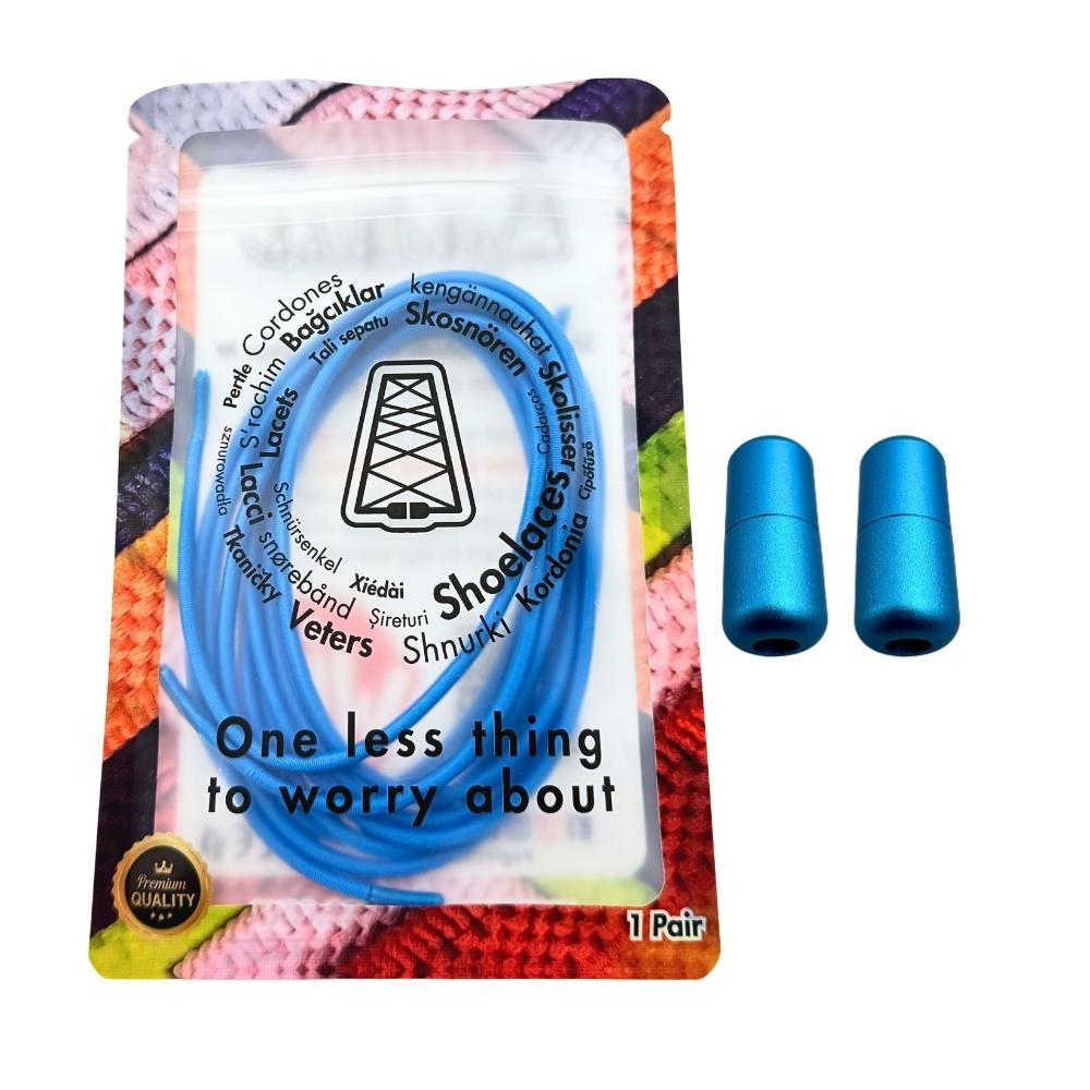 Elastische veters zonder strikken rond 3mm capsule sluiting lichtblauw in luxe verpakking