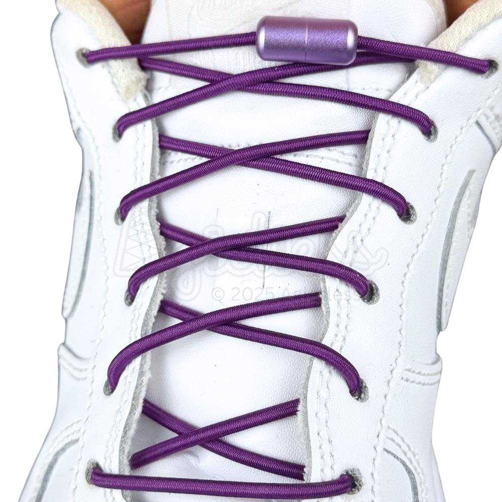 Elastische veters zonder strikken rond 3mm capsule sluiting paars met stretch uitgerekt