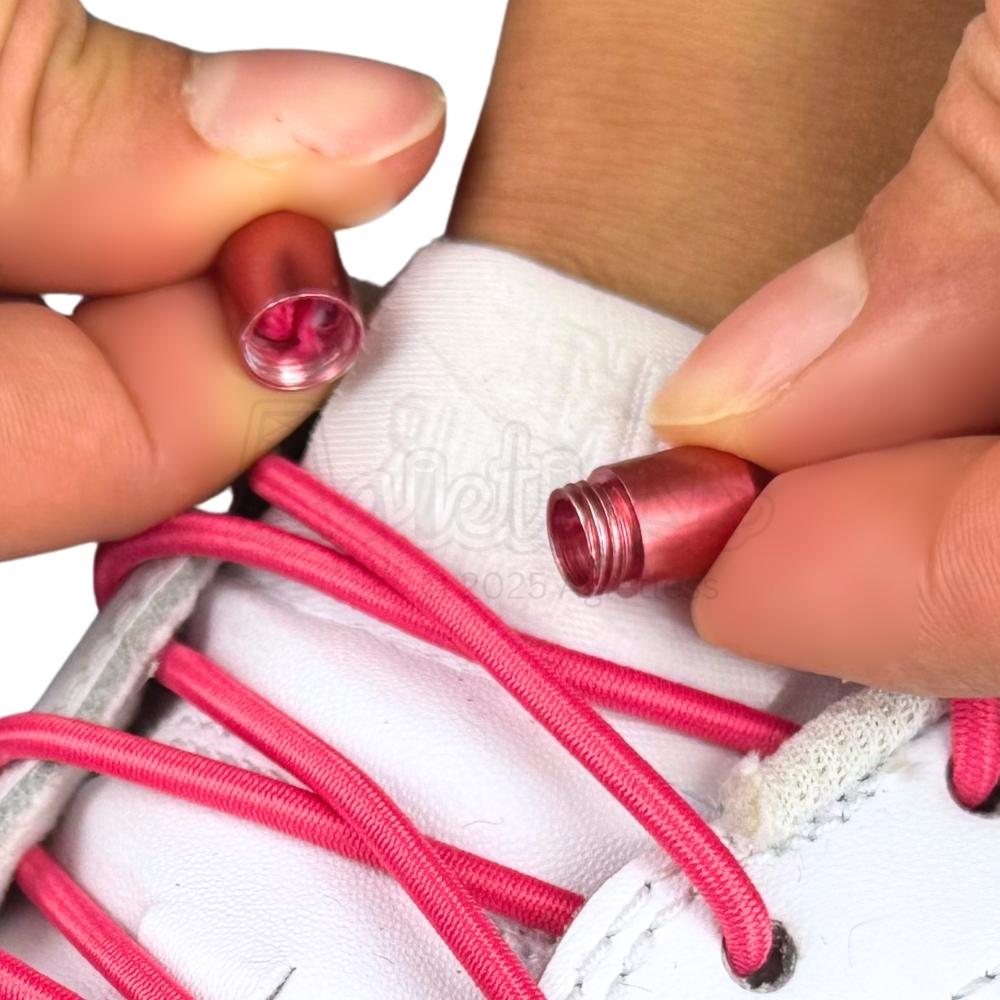 Elastische veters zonder strikken rond 3mm capsule sluiting rozenrood detailfoto van hoe de sluiting werkt