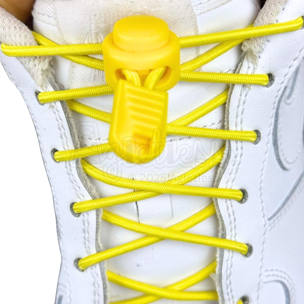 Elastische veters zonder strikken rond 3mm lock sluiting geel met stretch uitgerekt