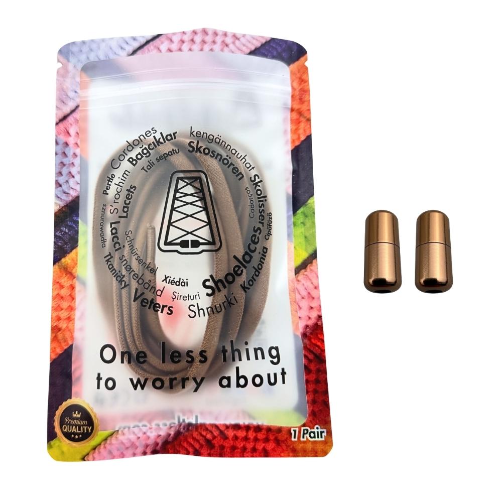 Elastische veters zonder strikken rond 5mm capsule sluiting bruin in luxe verpakking